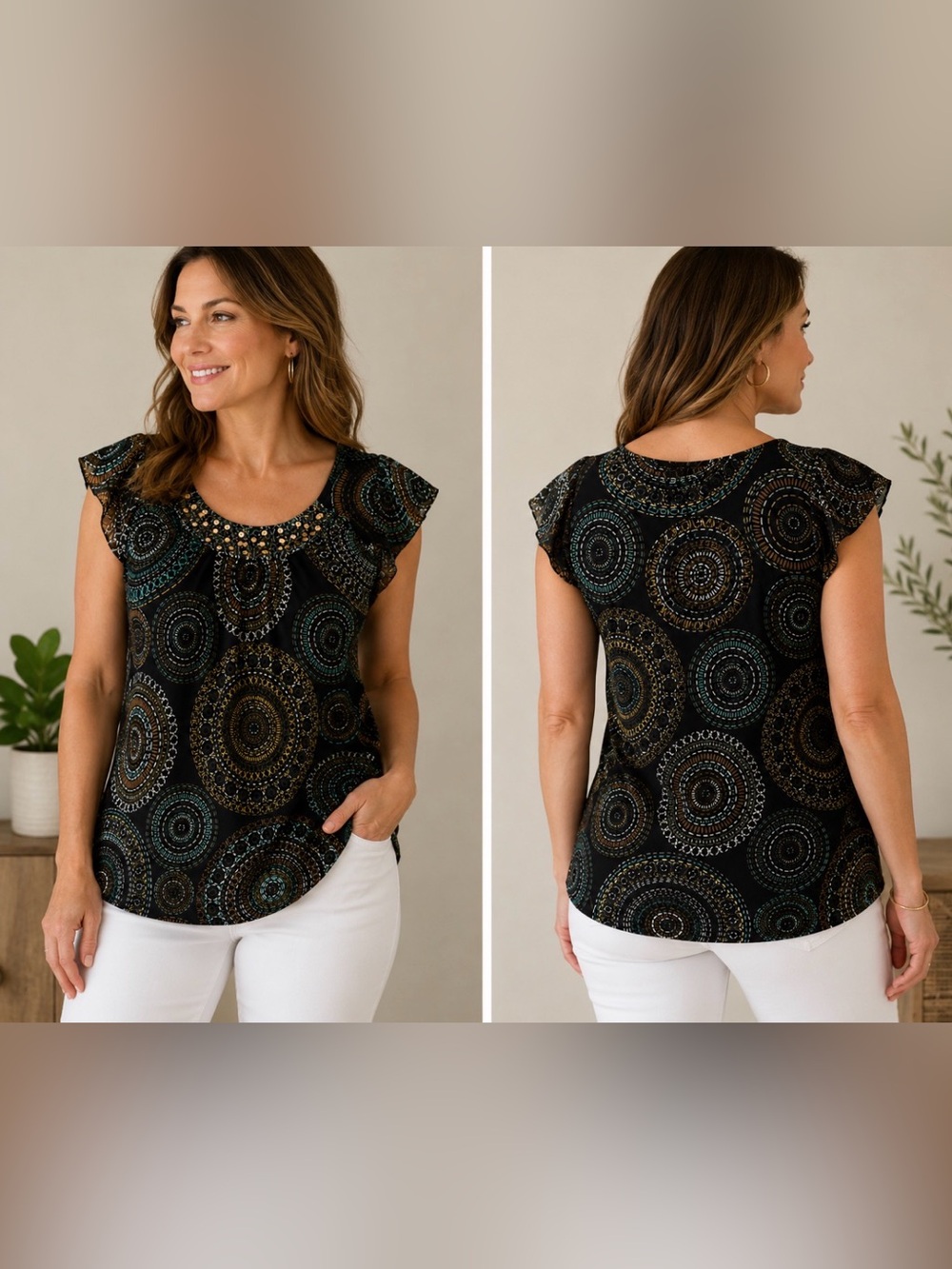 Rafaella Embellished Sheer Flutter Sleeve Blouse Women’s Large